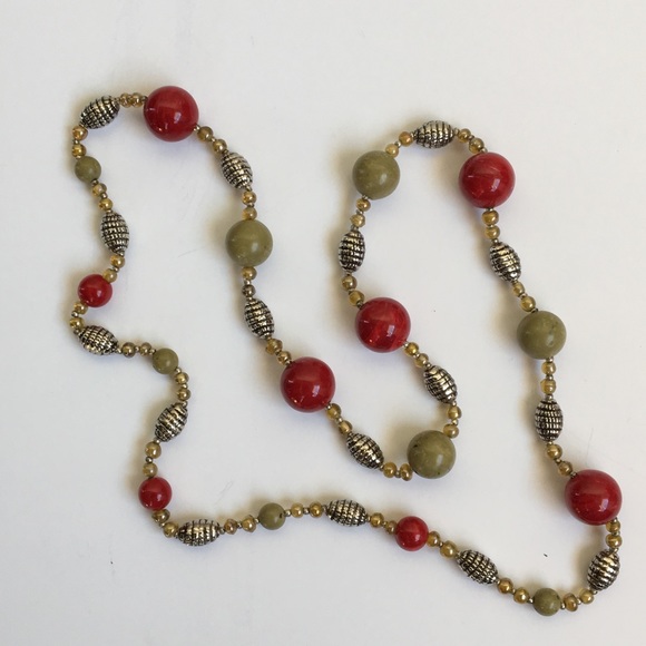 Vintage Red and Sage Green Bead Necklace - Picture 3 of 6